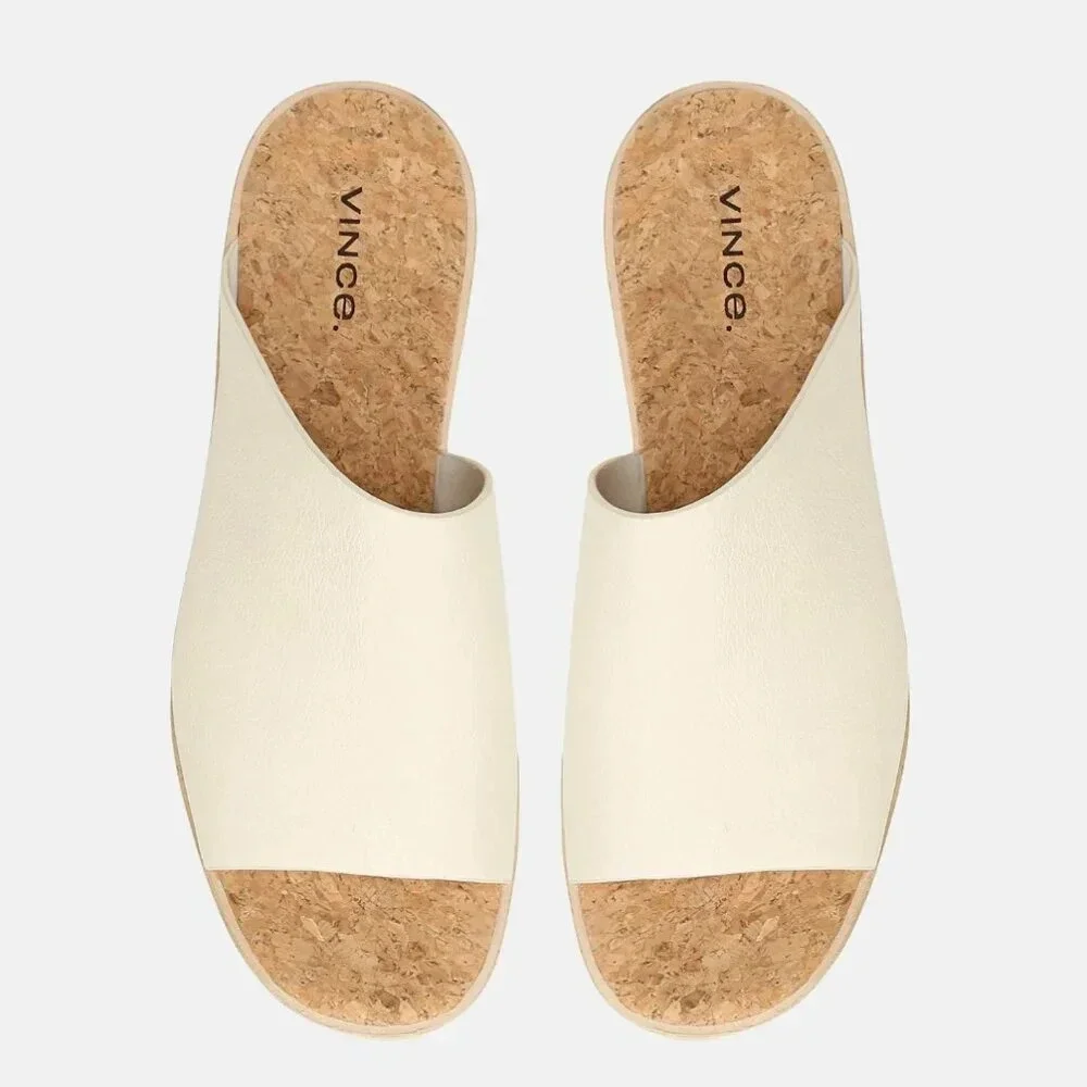 Vince Sarria Leather Cork Slide Wedge Sandals Cream Leather Women's Size 8.5